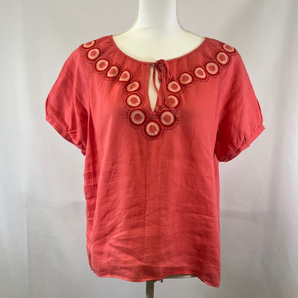 J. Crew Vintage Closet Coral Pink 100% Linen Embroidered Peasant Blouse Size 8